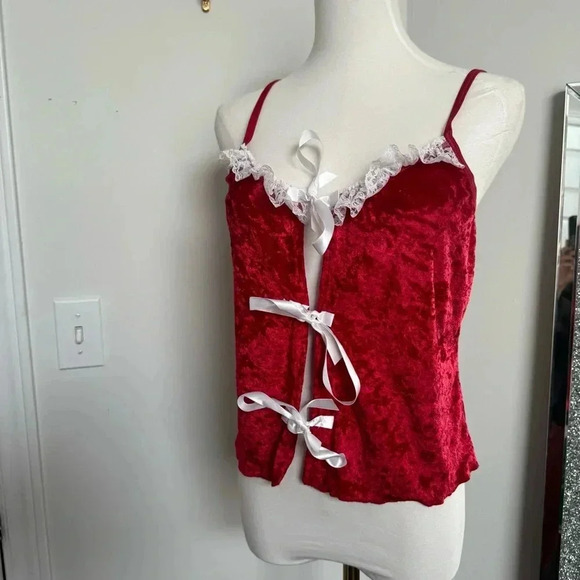 Y2K vintage Red Velvet Lace Trimmed Camisole with ribbons coquette cottagecore L - Picture 3 of 6